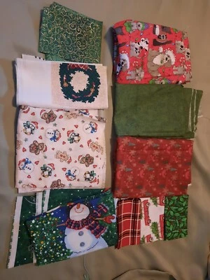 Lot 7 Christmas Themed Fabric Scraps As Shown Read Desc. Snowman, Dogs, Holly - Image 1 of 4