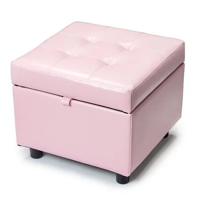 Pink Tufted Leather Square Flip Top Storage Ottoman Cube Foot Rest with Storage - Image 1 of 4