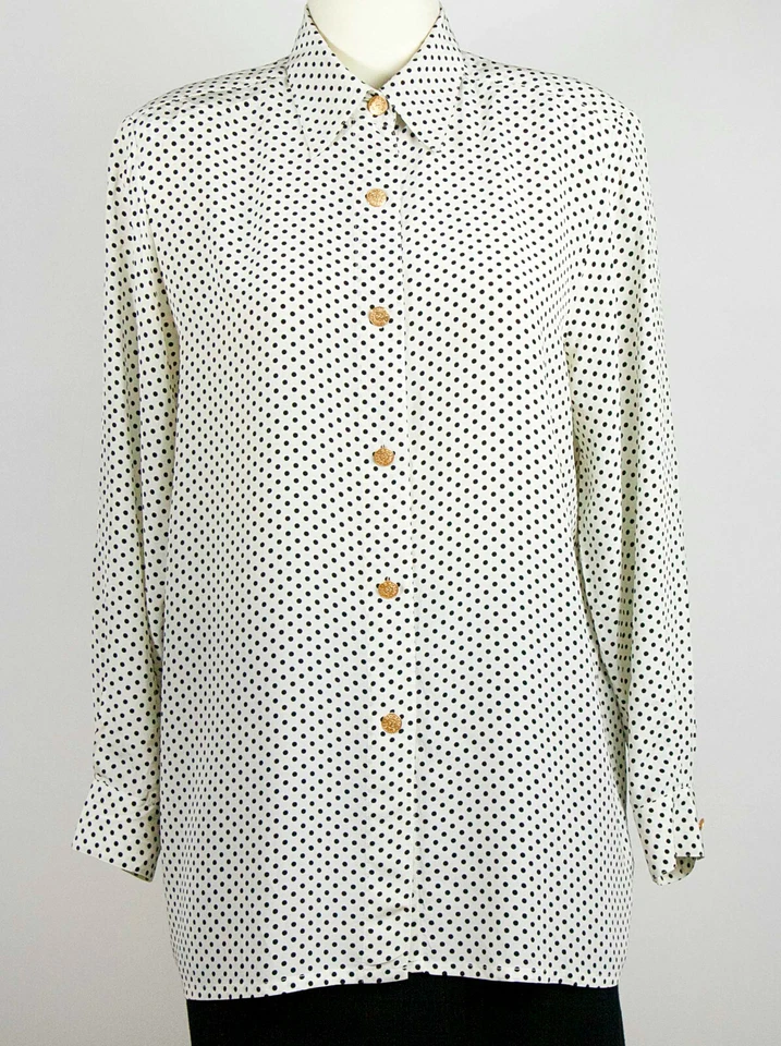 Vintage ELEGANCE PARIS Blusa Shirt Polka Dot Pure Silk Blouse IT42-44 DE38 S-M - Immagine 1 di 4