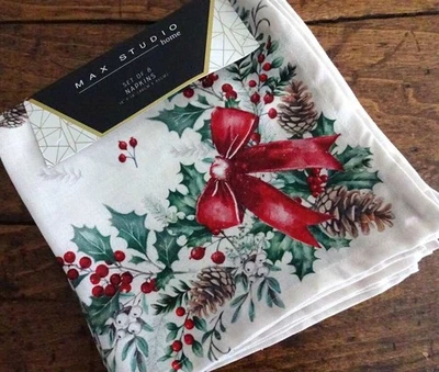MAX STUDIO Red Green Ivory CHRISTMAS HOLLY Berry PINECONE SWAG NAPKINS 8PC - Image 1 of 3