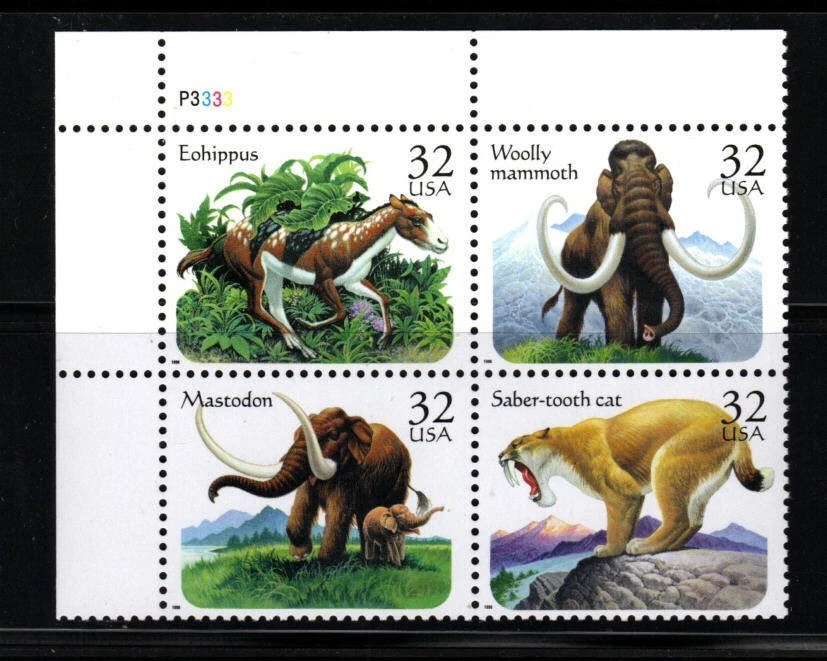 Stamp USA - 1996 Prehistoric Animals Numbered Plat block of 4 (SC# 3077-80) MNH - Image 1 of 1