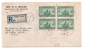 1949 Neufundland Brief mit Block Cabot Schiff eingetragen Etikett von Sandy Point - Bild 1 von 2