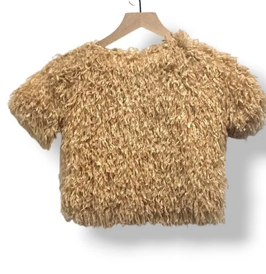 Zara Kids Girls Fluffy Shredded Tan Crop Top Size 6 (116 cm) Short Sleeve - Image 1 of 4