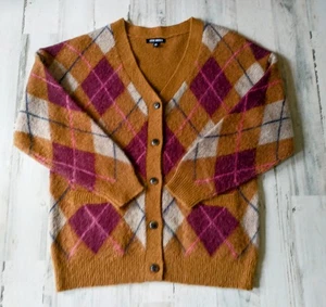Steve Madden Lexie Brushed Argyle Cardigan Sweater Size Medium Rust Purple (GG) - Picture 1 of 10
