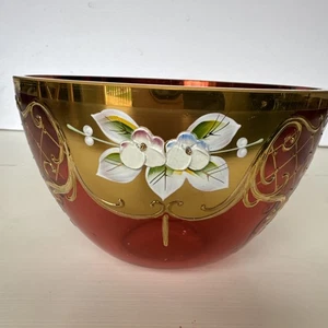 Vintage Bohemian Crystals Cranberry Glass Bowl Hand Painted 6 Diameter 4” Height - Picture 1 of 7