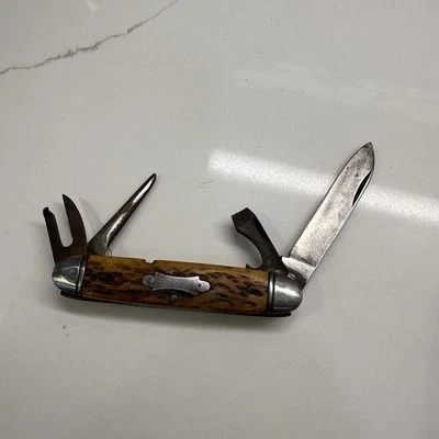 Vintage Camillus Cutlery NY USA 4 Line Jigged Bone Scout Multi Tool Pocket Knife - Image 1 of 4