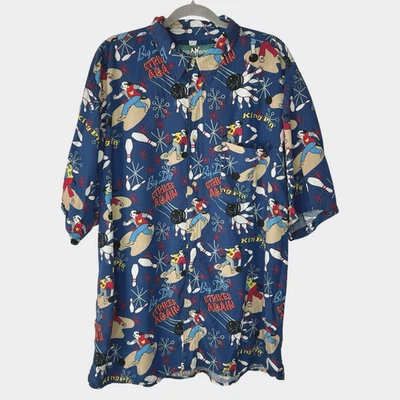 Camisa de boliche vintage Big Dogs Kingpin Strikes Again rayon leve divertida tamanho 2X - Imagem 1 de 4
