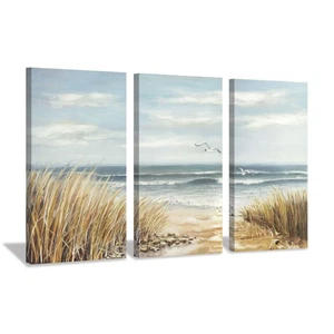 Abstract Beach Canvas Wall Art: Seashore Grasses Artwork Print Seascape Paint... - Picture 1 of 7