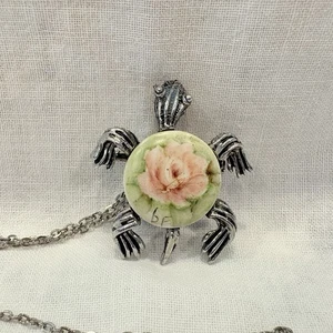 Silver Sea Turtle W/Hand Painted Signed Pink Floral Cabochon Shell Necklace/Pin - Picture 1 of 4