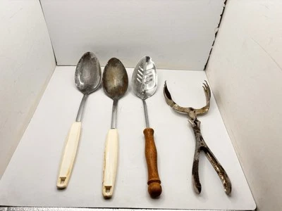 Vintage Kitchen Utensils Slotted Spoon With Wooden Handle Metal Salad Tongs - Image 1 of 4