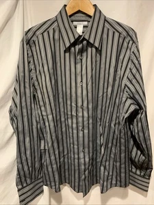 XL CLAIBORNE Men’s Long Sleeve Button Down Gray/Black/ Striped Cotton Shirt - Picture 1 of 8