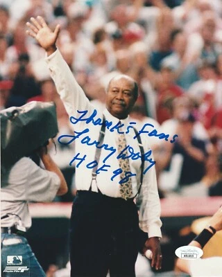 LARRY DOBY 8x10 SIGNED 1997 AS GAME 1ST PITCH INSCRIBED THANKS FANS HOF 98 JSA - Image 1 of 4