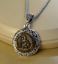 ST.CHRISTOPHER snap button silver ornate pendant Necklace gift jewelry women 