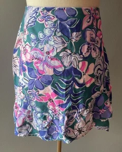 Lilly Pulitzer Ibby Ruffle Skirt Womens 0 Tanzanian Teal Blue Pink Floral - Picture 1 of 4