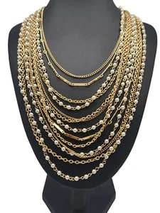 Collana Bavaglino Vintage Oro Catena Multifilo Perle Finte Strato Dichiarazione - Foto 1 di 12