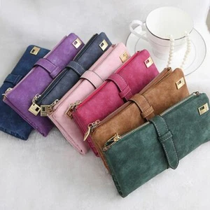 Womens Ladies Suede Leather Clutch Wallet Long Card Holder Case Purse Handbag - Picture 1 of 21