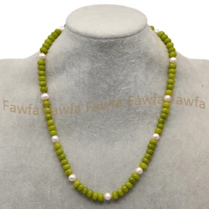 5x8mm Faceted Green Peridot Rondelle Gemstone Beads 7-8mm White Pearl Necklace - Picture 1 of 16