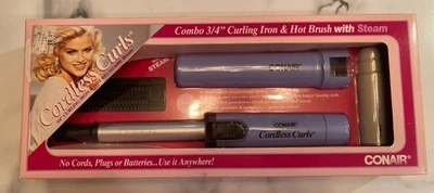 New Vtg 1993 Conair Cordless Curls Combo 3/4" Curling Iron Hot Brush w/ STEAM  - Image 1 of 4