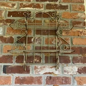 MCM 1960’s Gold Wall Hanging Shelf Metal Rack 2 Tier Vintage Swirl 19”x18” Rare - Picture 1 of 6