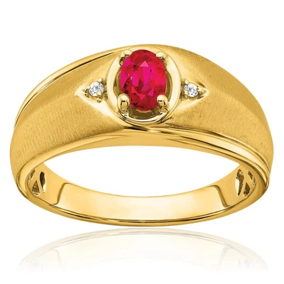 14K Solid Yellow Gold Oval Ruby Diamond Mens Ring - Image 1 of 4