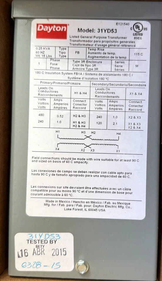 Transformador de propósito general Dayton 31YD55 0,75 KVA 60 Hz 1 PH nuevo Foto 1 de 4