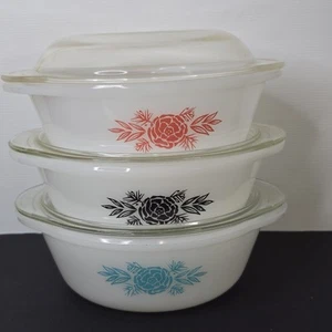 Agee Pyrex Set Vintage Rose CR 212 Pink, Black & Turquoise With Lids - Picture 1 of 20