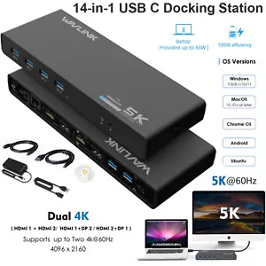 WAVLINK USB-C Dock Dual 4K 65W Laptop Charging, 14-in-1 Hub, HDMI/DP, Win/Mac - Picture 1 of 10