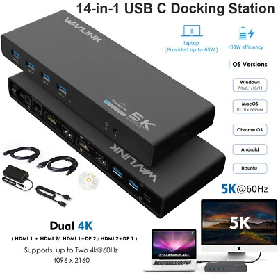 WAVLINK USB-C Dock Doble 4K 65W Carga para Laptop, Hub 14 en 1, HDMI/DP, Win/Mac Foto 1 de 4
