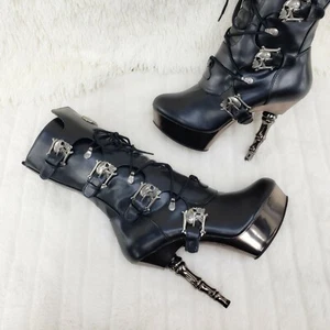 Muerto 1026 Bone Tacón Alto Plataforma Cráneo Hebilla Motociclista Botas al Tobillo Negras Nueva York - Imagen 1 de 12