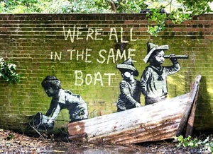 BANKSY GRAFFITI CANVAS PICTURE PRINT WALL ART - WE'RE ALL IN THE SAME BOAT - Picture 1 of 9
