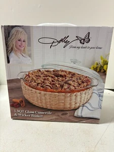 NEW in Box DOLLY PARTON 1.9QT Glass Casserole Dish & Wicker Basket 8" w/Lid - Picture 1 of 6