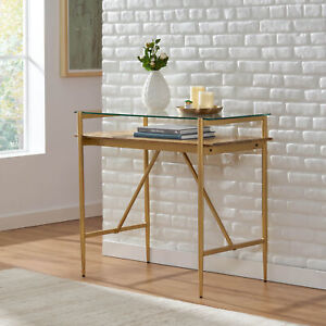 36'' Modern Console Table Honey glass top and gold frame wood shelf Rectangular
