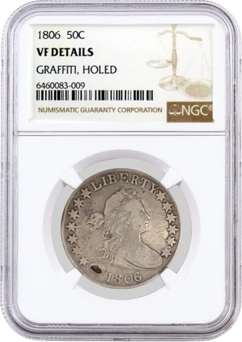 1806/5 50C Draped Bust Half Dollar Silver O-101 NGC VF Details Graffiti Holed Cover