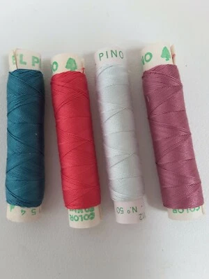  4 x VINTAGE EL PINO 100% SILK SEWING THREAD BLUE, CORAL RED, OLD ROSE 30m. each - Image 1 of 2