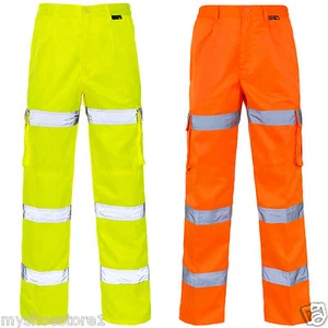 HI VIZ VIS 3 BAND COMBAT TROUSERS SAFETY WORK WEAR POLY COTTON CARGO PANT BOTTOM - Picture 1 of 3