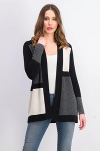 NEW CHARTERS CLUB GRAY BLACK COLOR BLOCK 100% CASHMERE CARDIGAN SIZE M $199 - Picture 1 of 2
