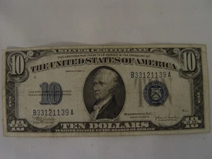 10 Dollar Blue Seal Silver Certificate 1934 C (3 Ones and Threes) - Picture 1 of 4