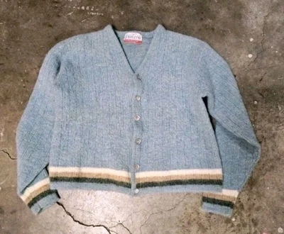 Super Cool Vintage 60's Women's Jantzen Tri-tone Mohair Cardigan Light Blue Sz S - Image 1 of 4