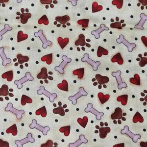 Cotton Fabric 14"x42" Animal Paw Prints Bones Red Hearts Dog Cat - Picture 1 of 3