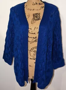 TanJay Petites Open Front Metallic Cardigan Sweater Medium Blue 3/4 Sleeves - Picture 1 of 10