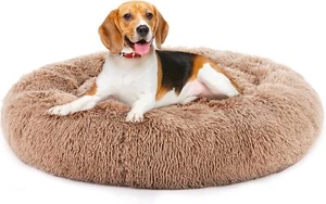 Calming Dog Cat Bed Anti-Slip Bed 22"-36" Anti-Slip Round Fluffy Plush Faux Fur - Picture 1 of 13