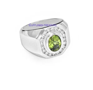 Natural Peridot & CZ Gemstones with 925 Sterling Silver Ring For Men's #455 - Picture 1 of 3