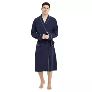 Mens 100% Cotton Robe Lightweight Knit Bathrobe w/Pockets Small/Medium Navy Blue - Picture 1 of 5