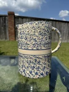 Very Large Vintage Hand Thrown Blue Ware Sponge Ware Stripe Pitcher - Picture 1 of 10