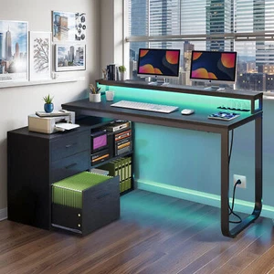 55" Corner L Shaped Office Computer Desk File Drawer LED Lights w/ Power Outlets - Picture 1 of 11