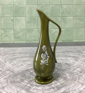 "Jarrón/jarrón Atlantic Mold vintage de 10"" cuello largo verde brillante esmalte blanco rosa" - Imagen 1 de 10
