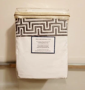 Williams Sonoma Greek Key Regent Border Sheet Set Cal King Silver Gray NEW - Picture 1 of 4