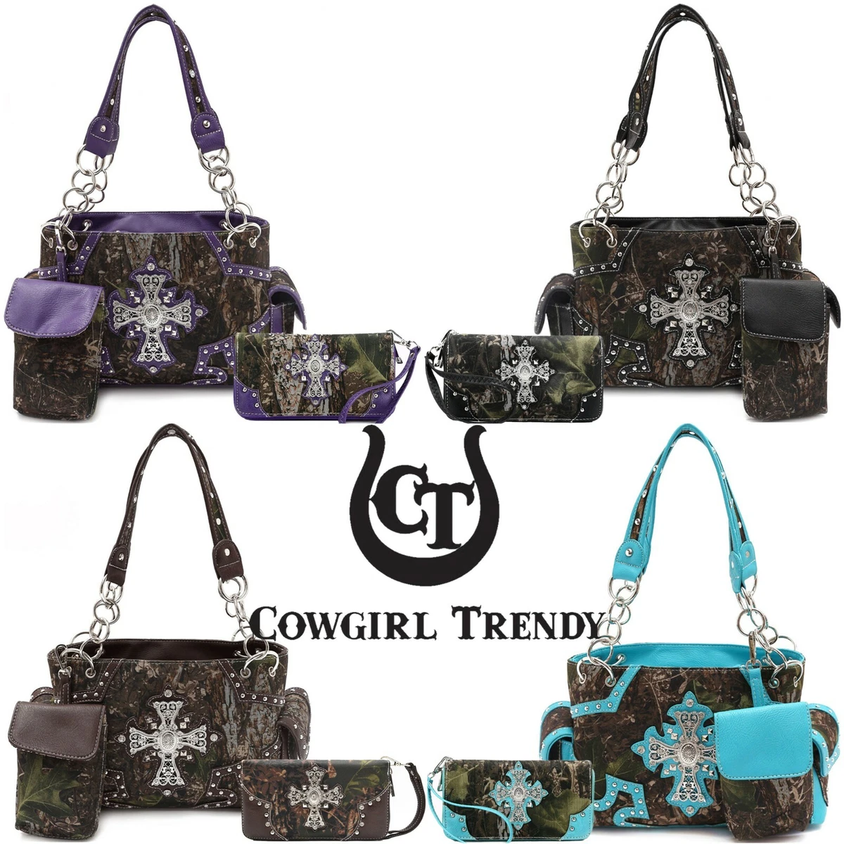 Camouflage Rhinestone Western Crossbody Bag - Concealed Carry Purse With Adjustable Strap, PU Leather & Canvas, Purple Buckle Design
