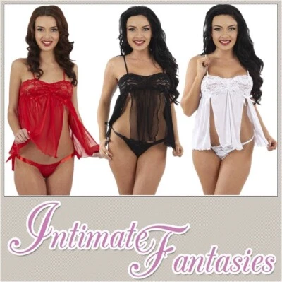 Sexy Womens Babydoll Nightwear Black Red White See Through Size 8 10 12 14  - Image 1 of 4