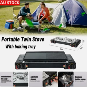 Outdoor Gas Stove Portable Twin Stove 2-Burner Gas BBQ Cooker with Baking Pan - Picture 1 of 12